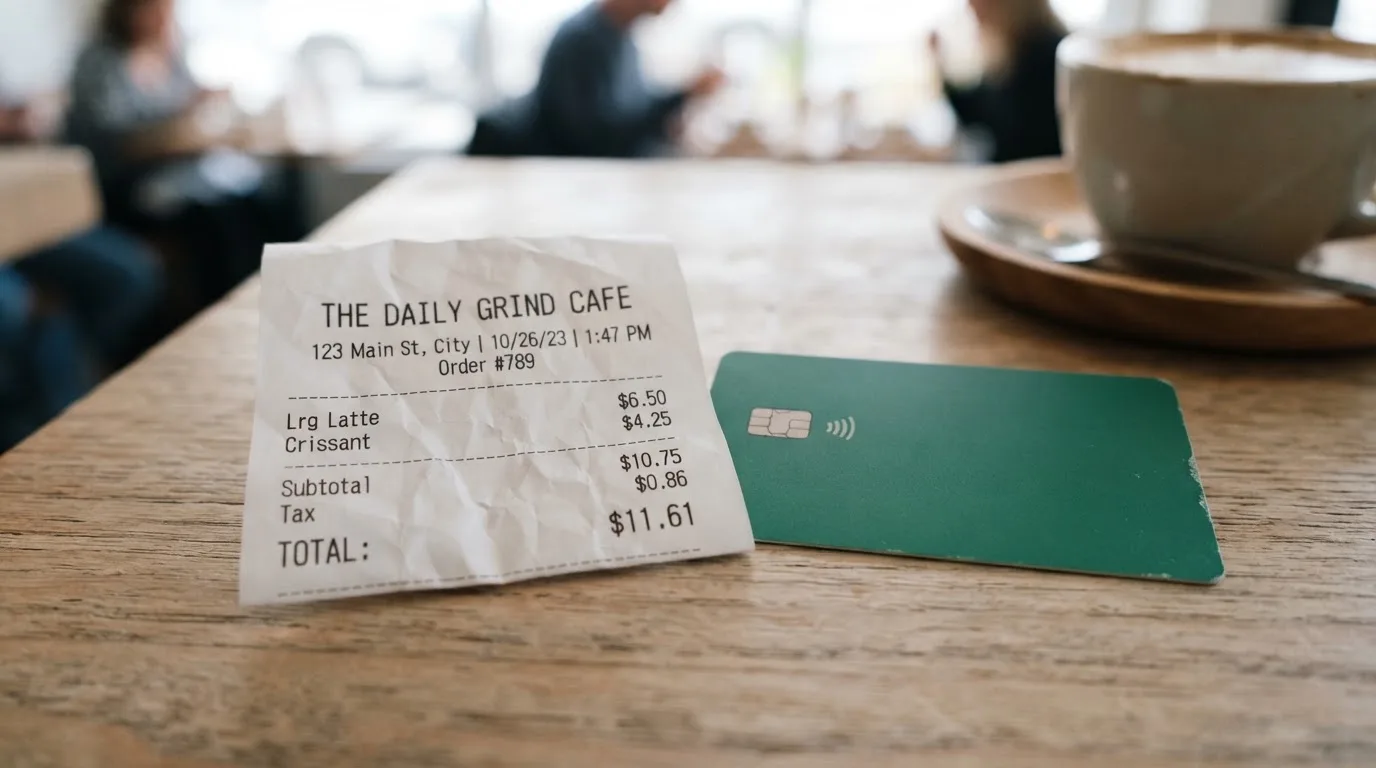 A receipt and a card on a café table