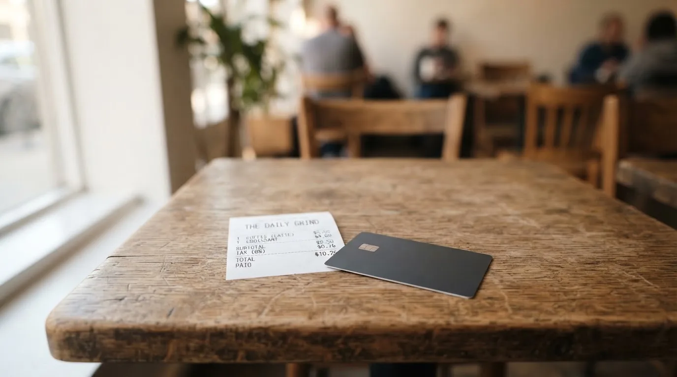 A receipt and a card on a café table