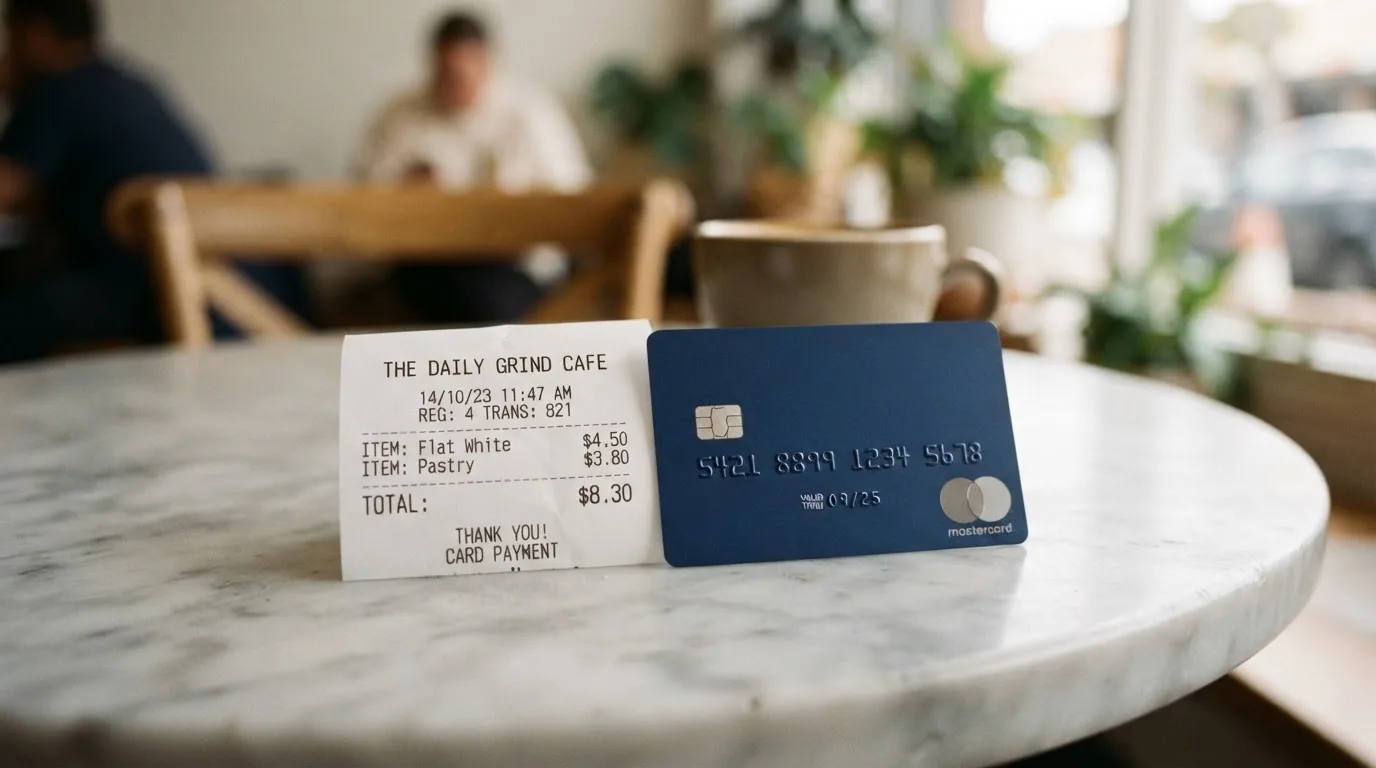 A receipt and a card on a café table