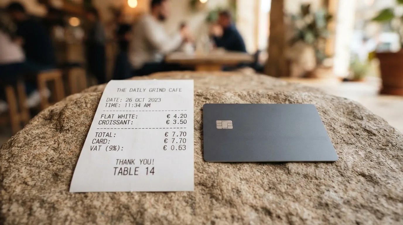 A receipt and a card on a café table
