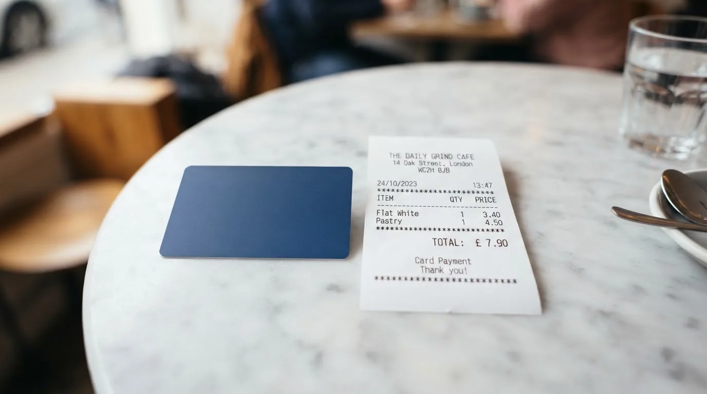 A receipt and a card on a café table