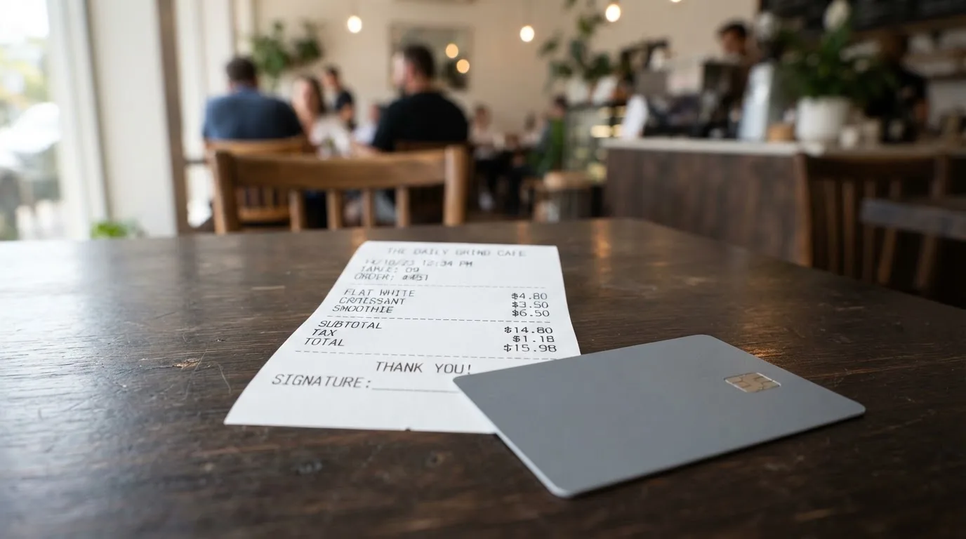 A receipt and a card on a café table