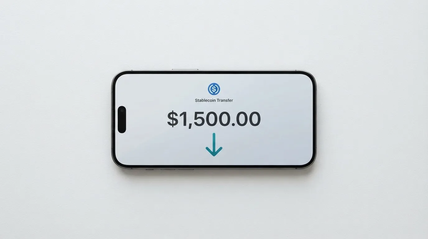 A phone showing a stablecoin transfer screen
