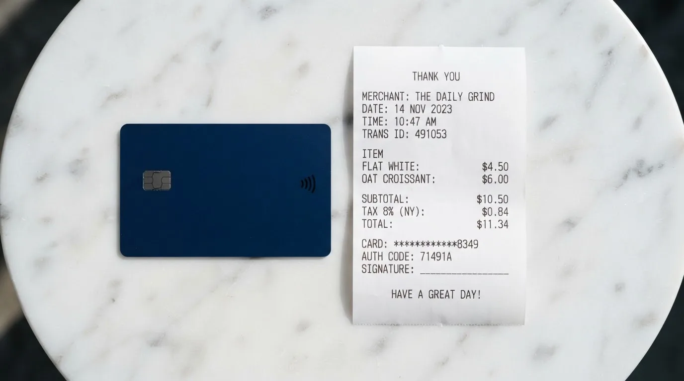 A receipt and a card on a café table