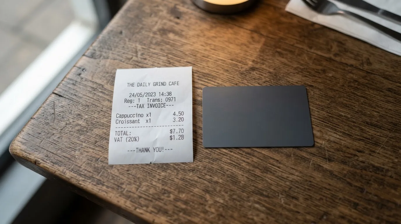 A receipt and a card on a café table