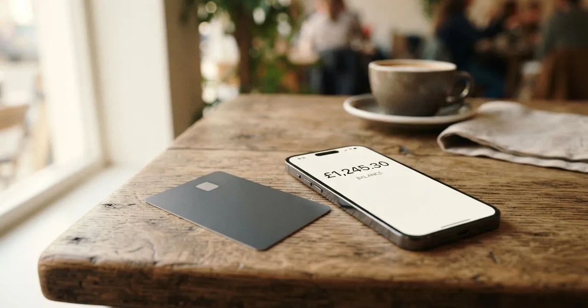 A payment card next to a phone with a crypto wallet app open