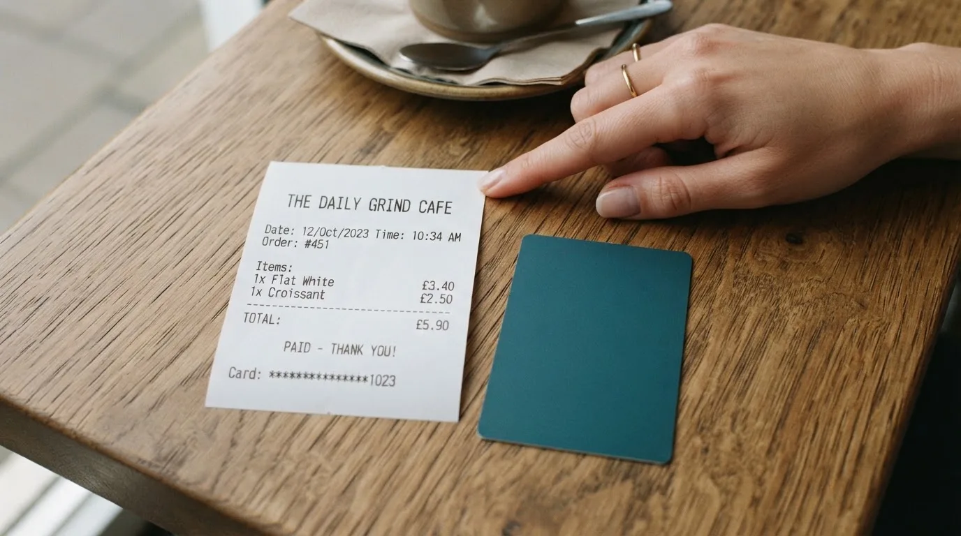 A receipt and a card on a café table