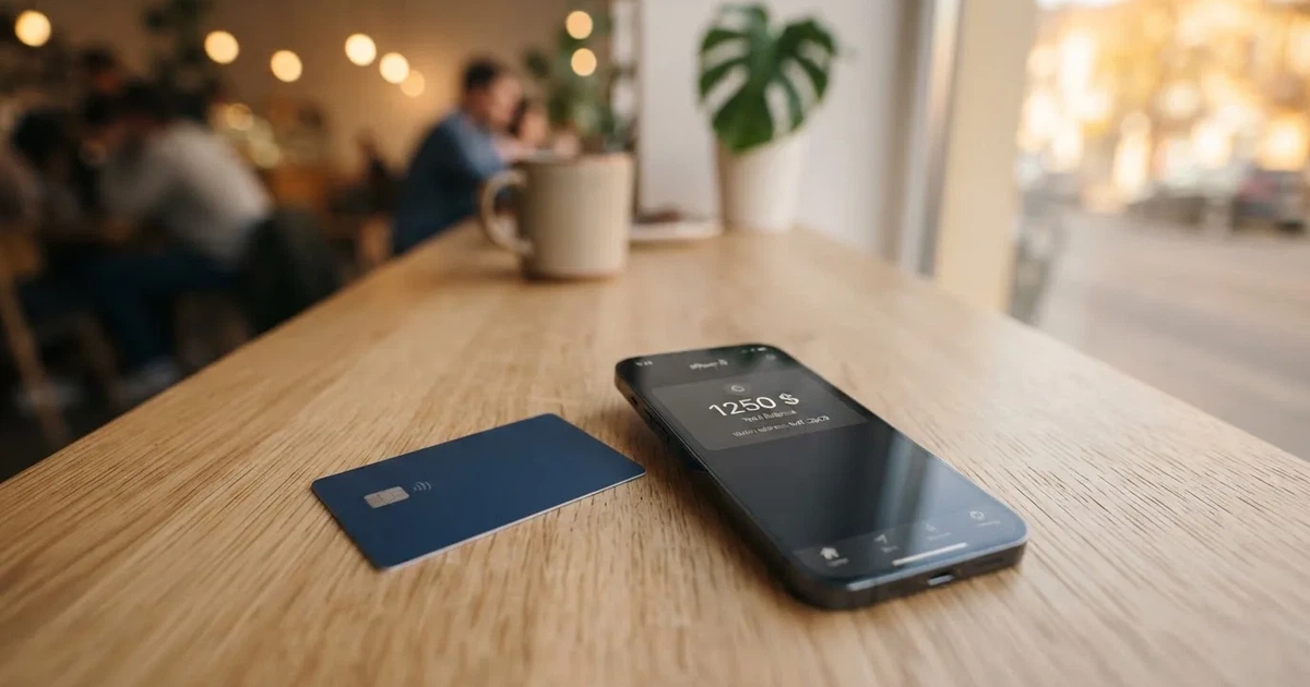 A payment card next to a phone with a crypto wallet app open