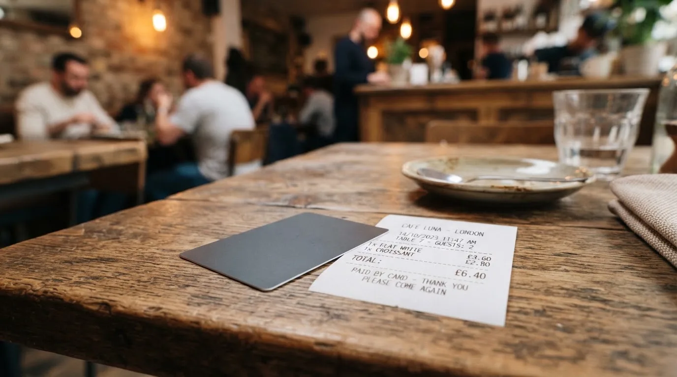 A receipt and a card on a café table