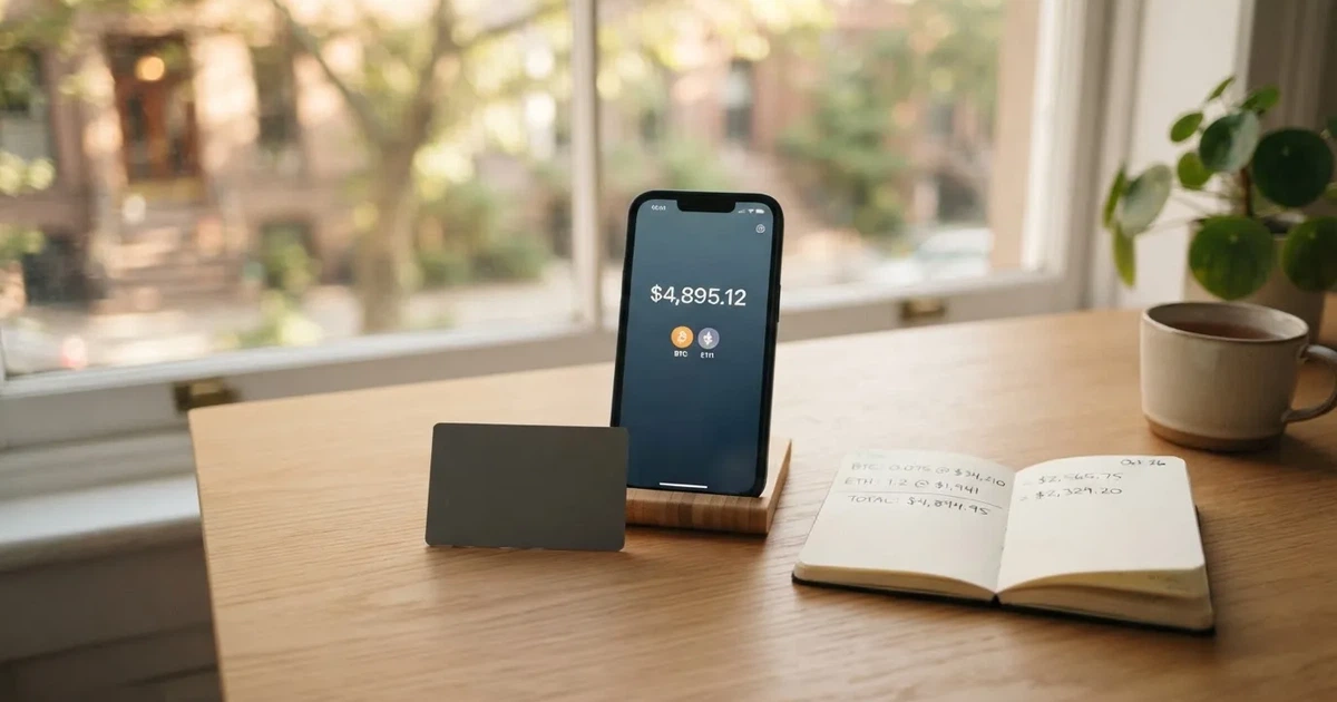 A payment card next to a phone with a crypto wallet app open