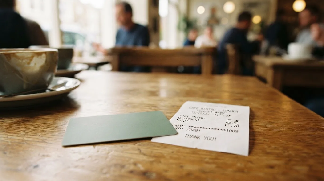 A receipt and a card on a café table