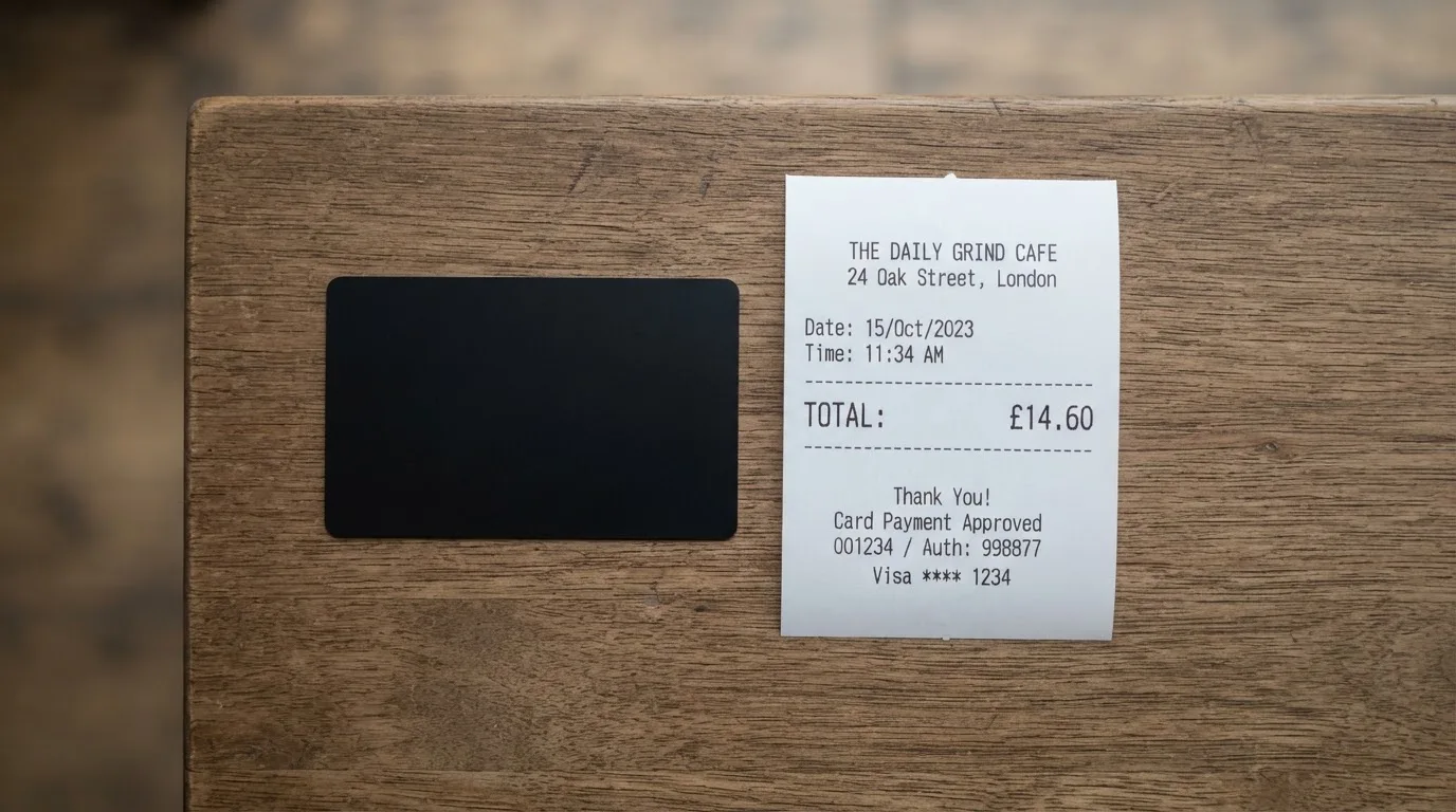 A receipt and a card on a café table