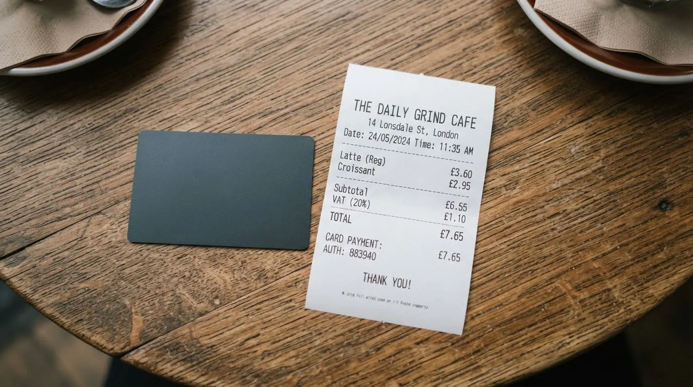 A receipt and a card on a café table