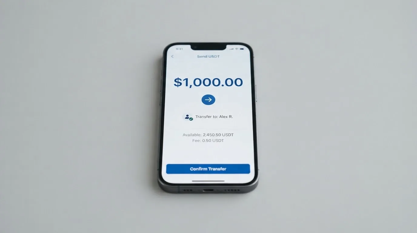 A phone showing a stablecoin transfer screen