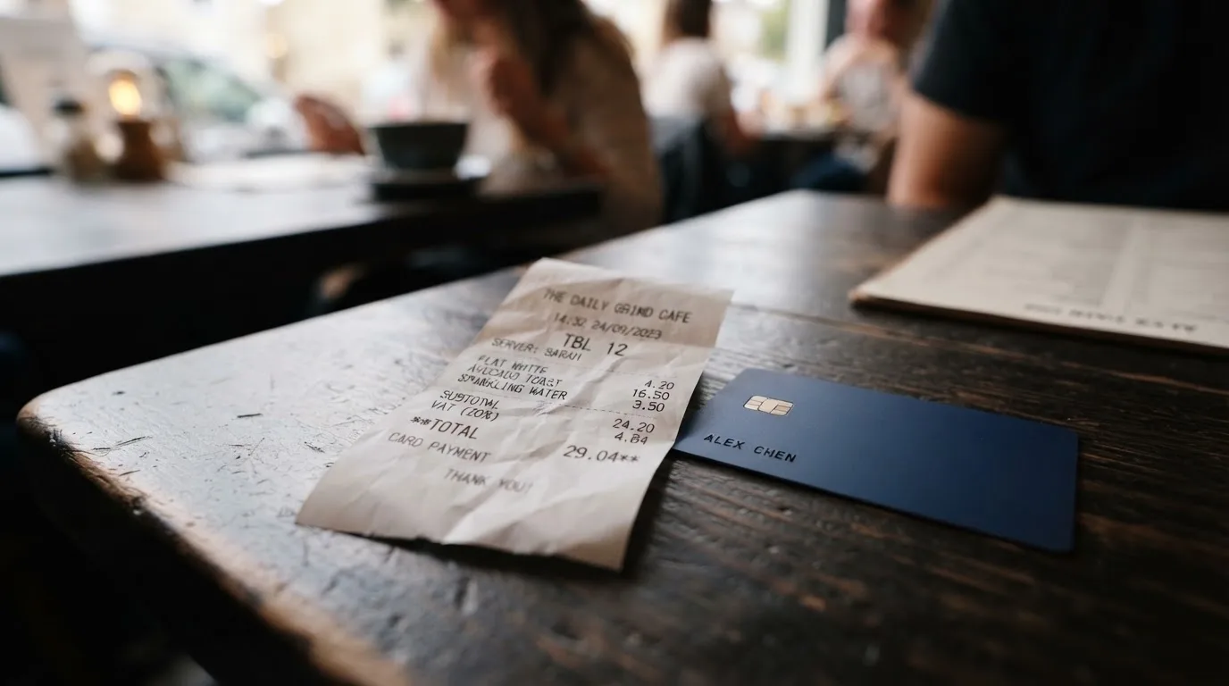 A receipt and a card on a café table