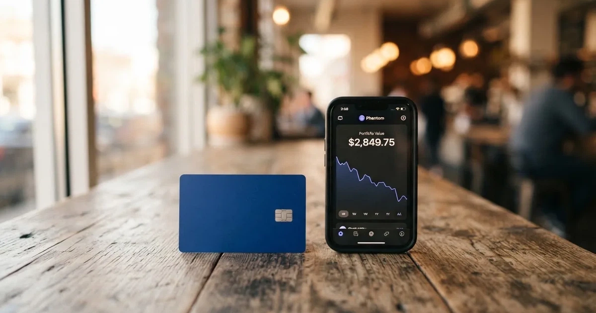 A payment card next to a phone with a crypto wallet app open