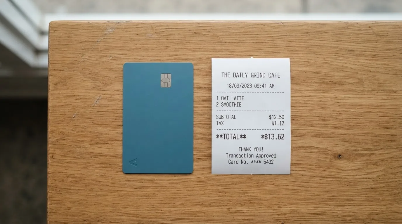 A receipt and a card on a café table