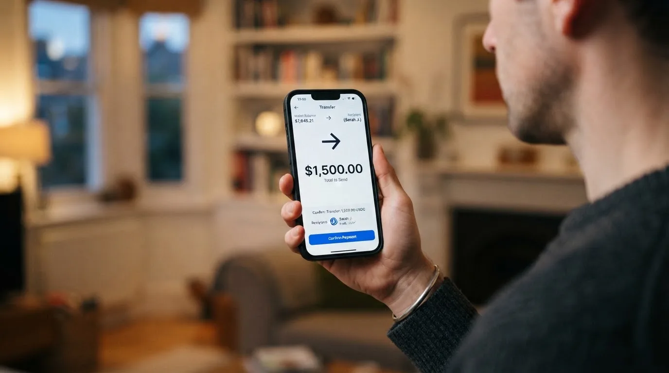 A phone showing a stablecoin transfer screen