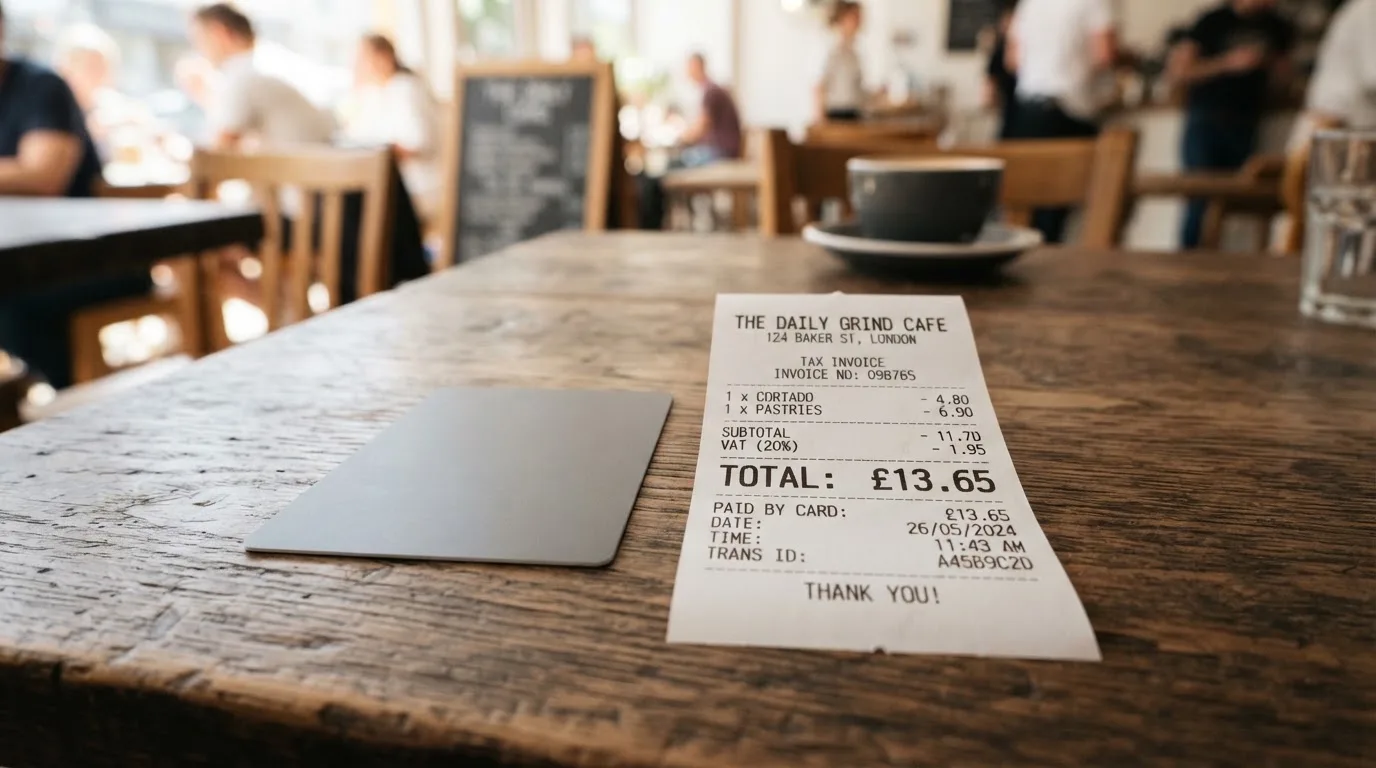A receipt and a card on a café table