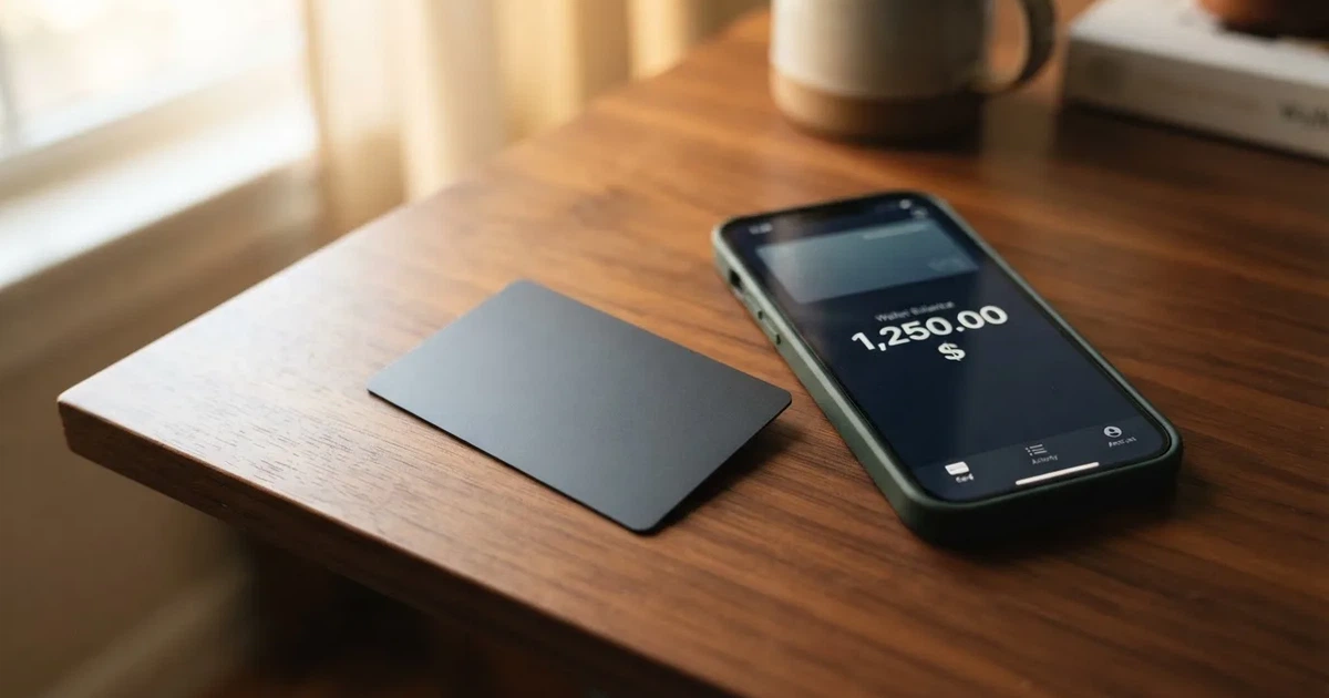 A payment card next to a phone with a crypto wallet app open