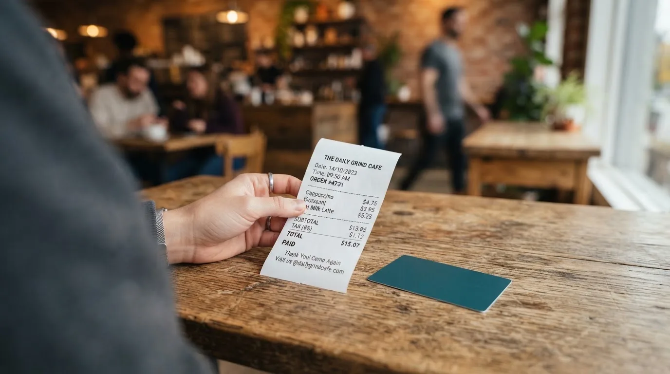 A receipt and a card on a café table