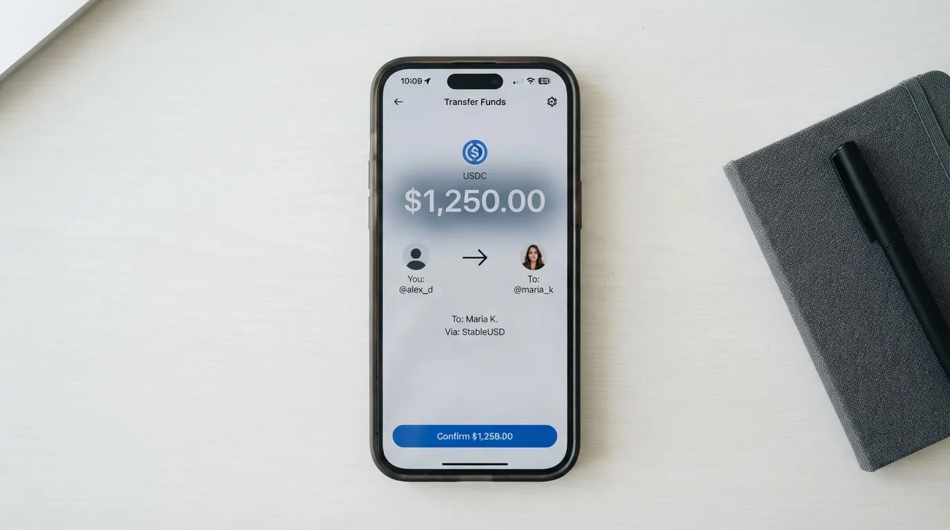 A phone showing a stablecoin transfer screen