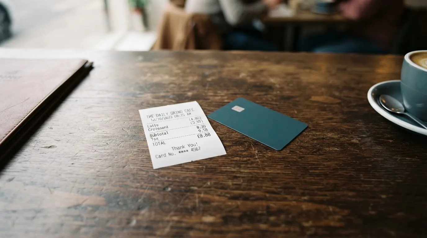 A receipt and a card on a café table
