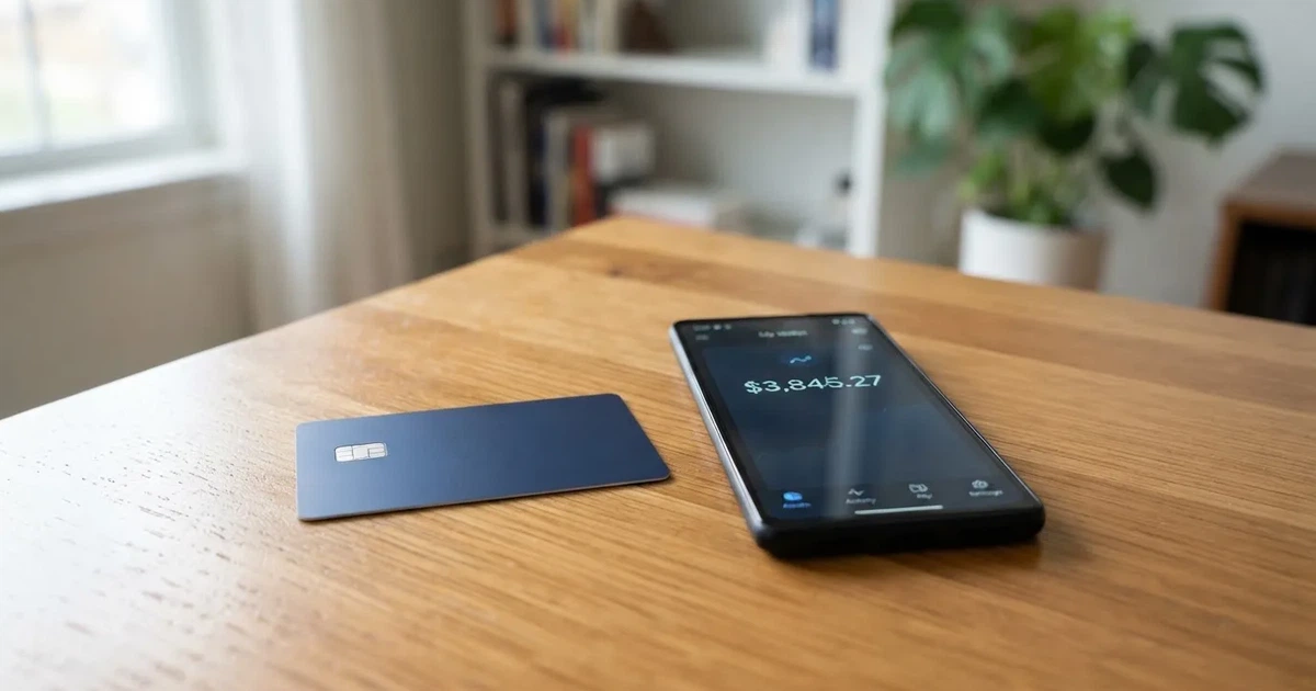 A payment card next to a phone with a crypto wallet app open