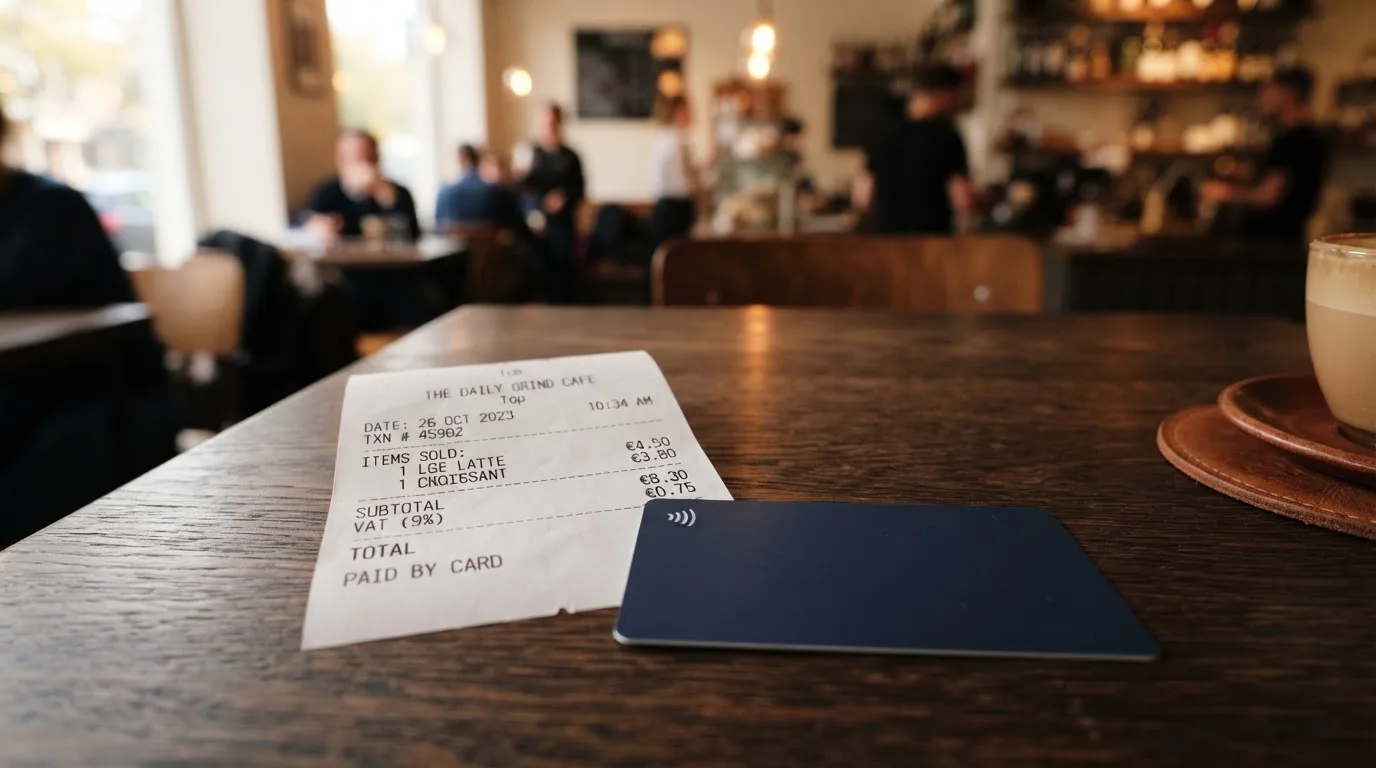 A receipt and a card on a café table