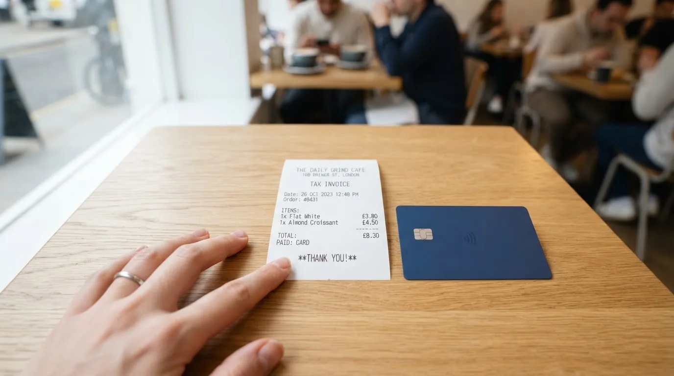 A receipt and a card on a café table