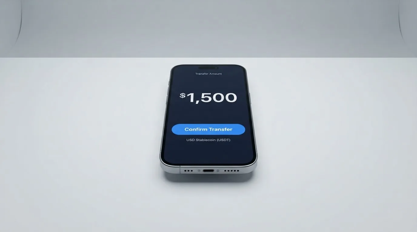 A phone showing a stablecoin transfer screen