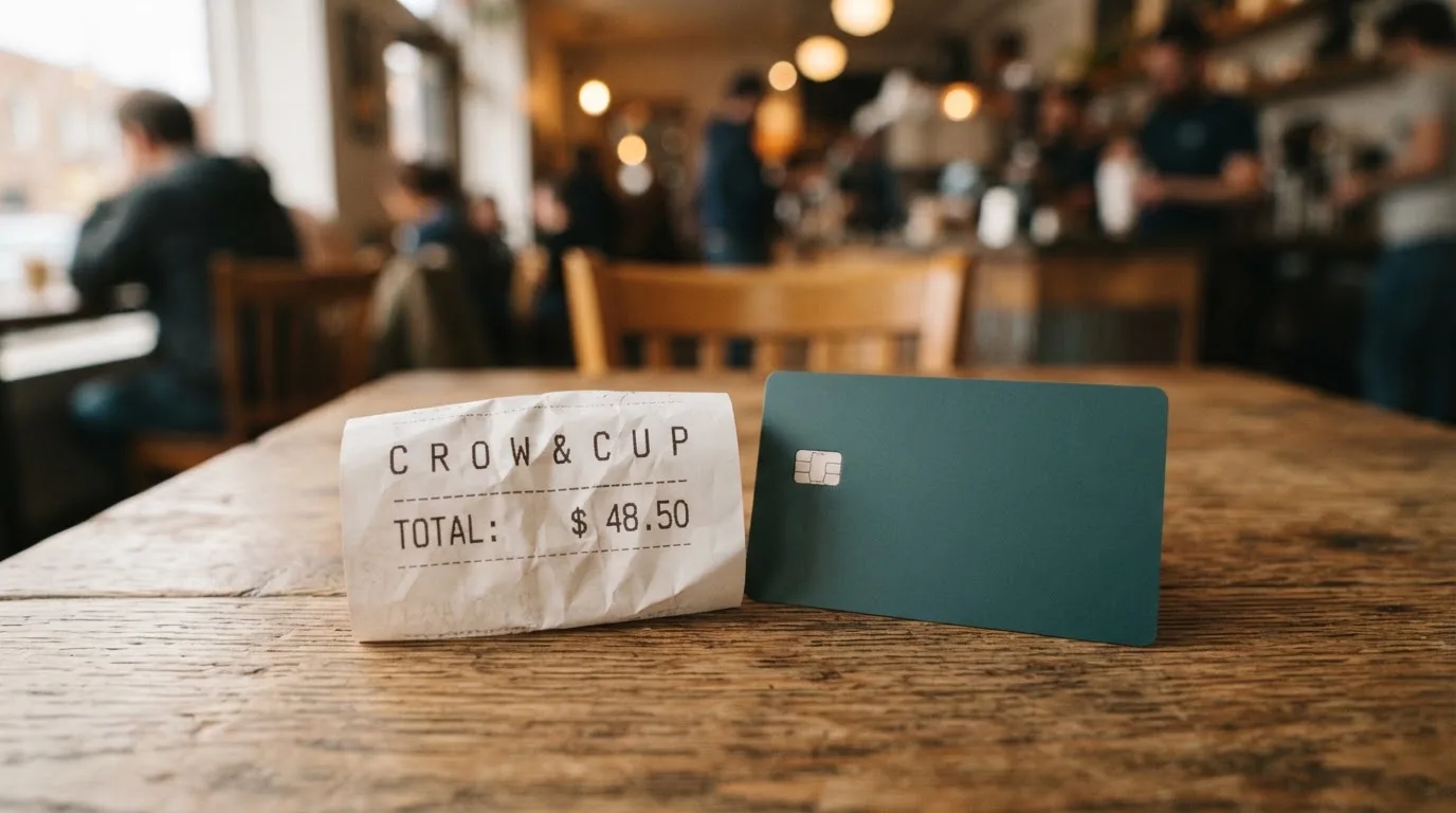 A receipt and a card on a café table