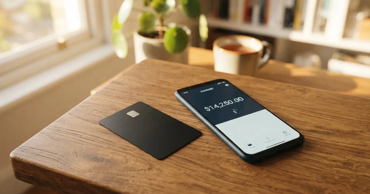 A payment card next to a phone with a crypto wallet app open
