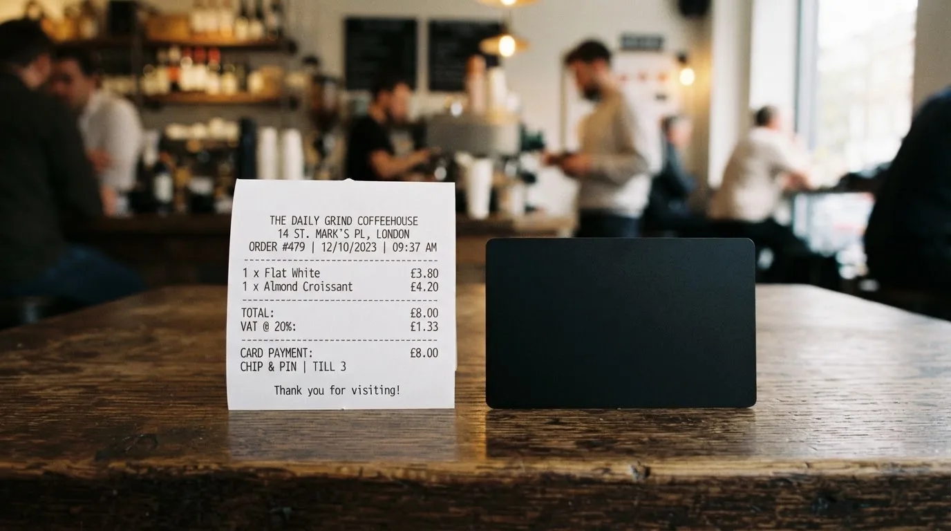 A receipt and a card on a café table