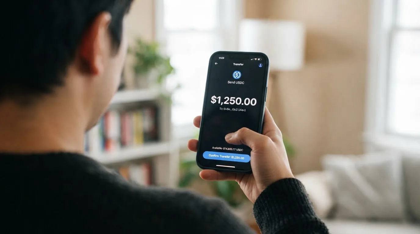A phone showing a stablecoin transfer screen