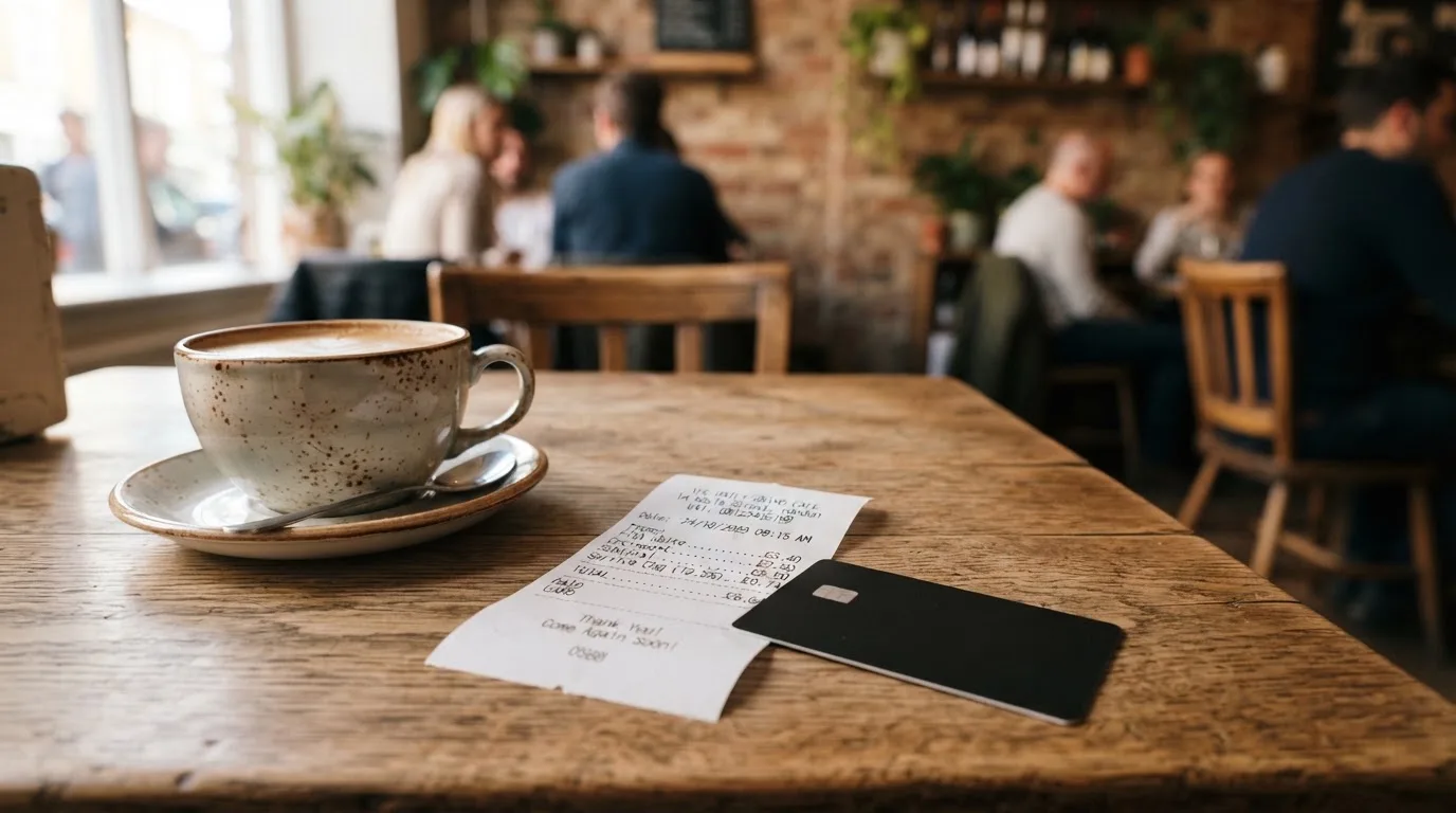 A receipt and a card on a café table