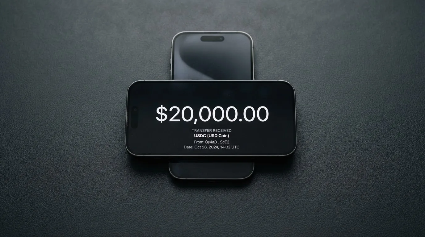 A phone showing a stablecoin transfer screen