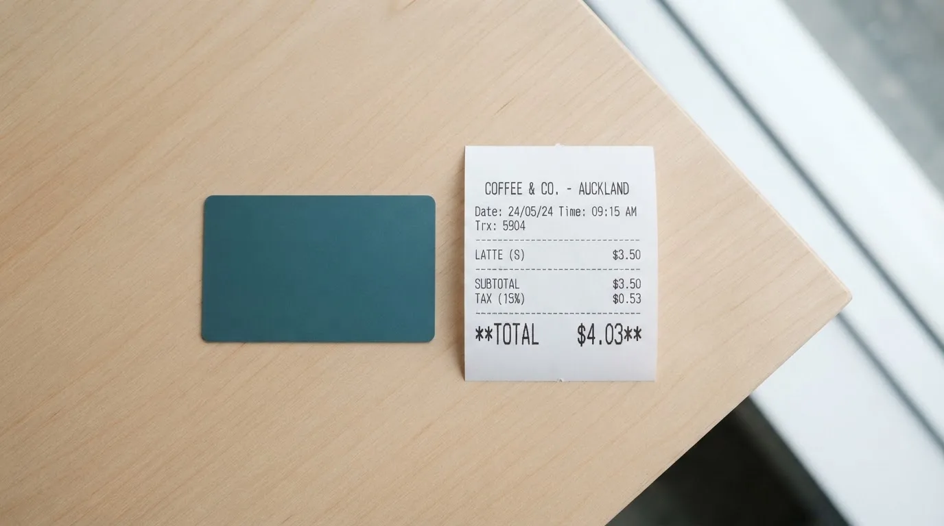 A receipt and a card on a café table