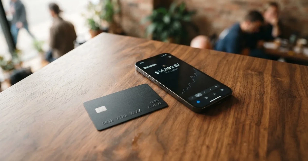 A payment card next to a phone with a crypto wallet app open