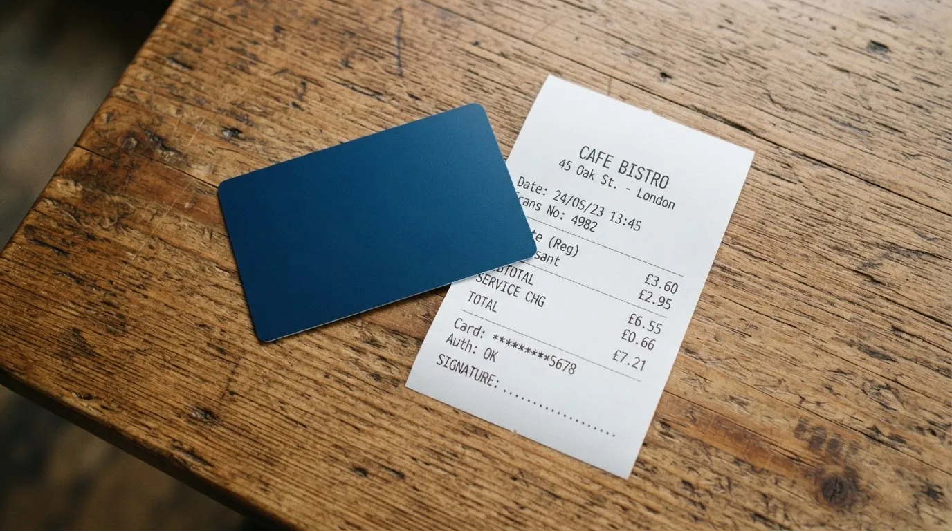 A receipt and a card on a café table