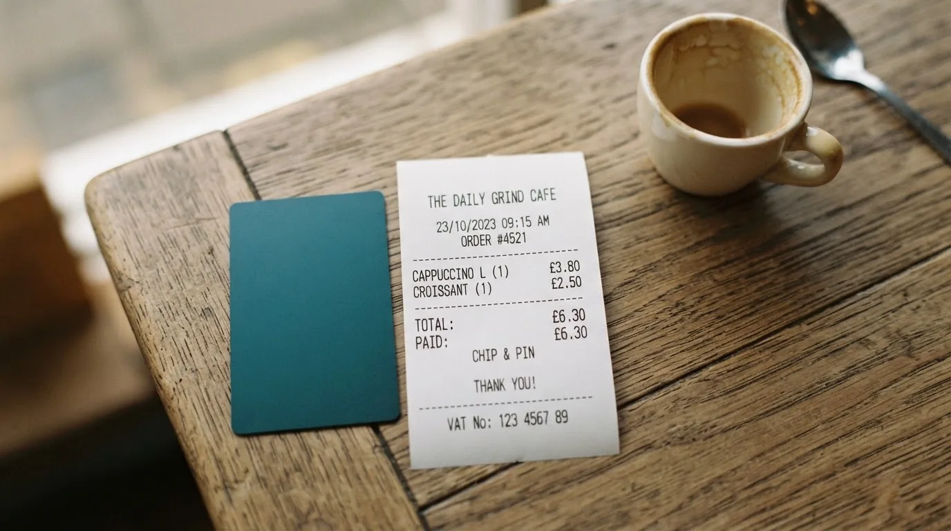 A receipt and a card on a café table
