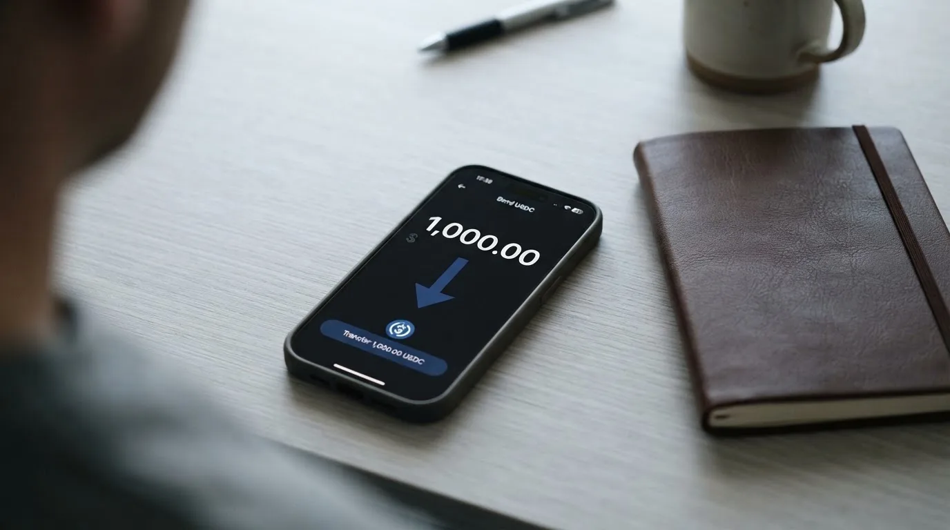 A phone showing a stablecoin transfer screen