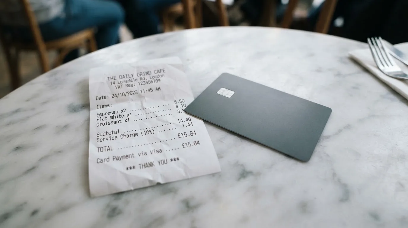 A receipt and a card on a café table