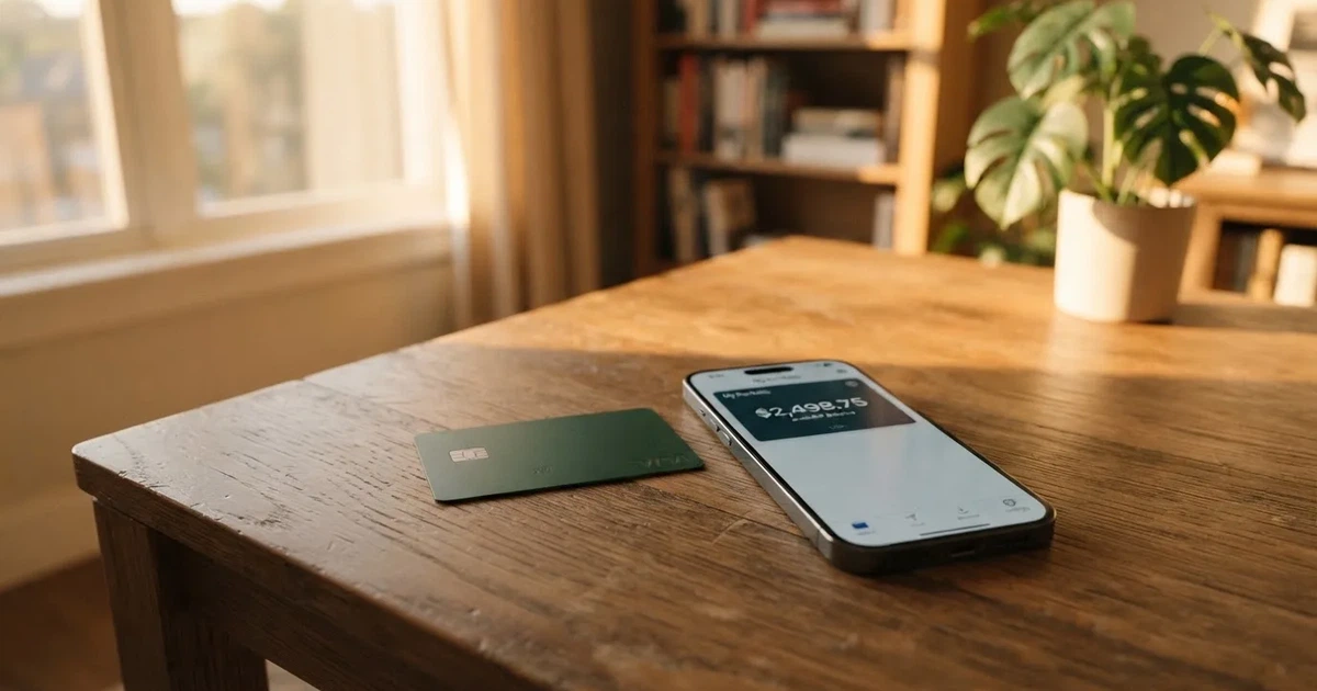 A payment card next to a phone with a crypto wallet app open