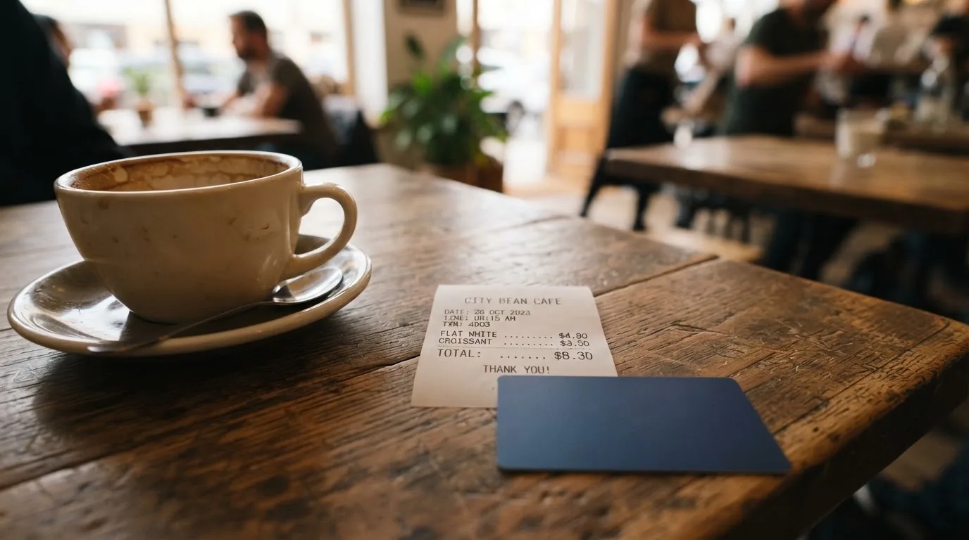 A receipt and a card on a café table