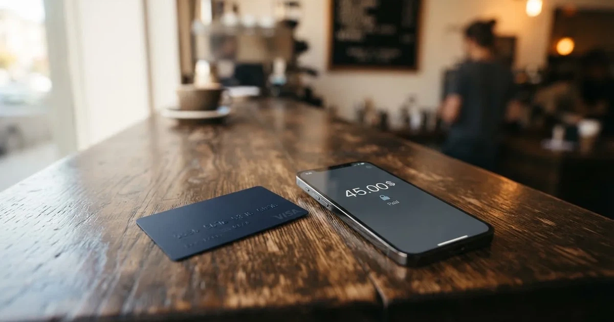 A payment card next to a phone with a crypto wallet app open