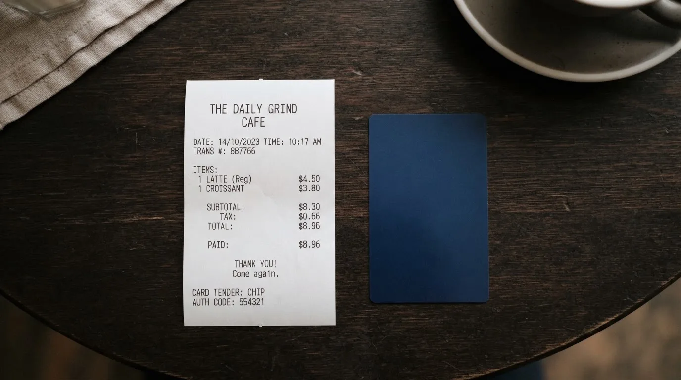 A receipt and a card on a café table
