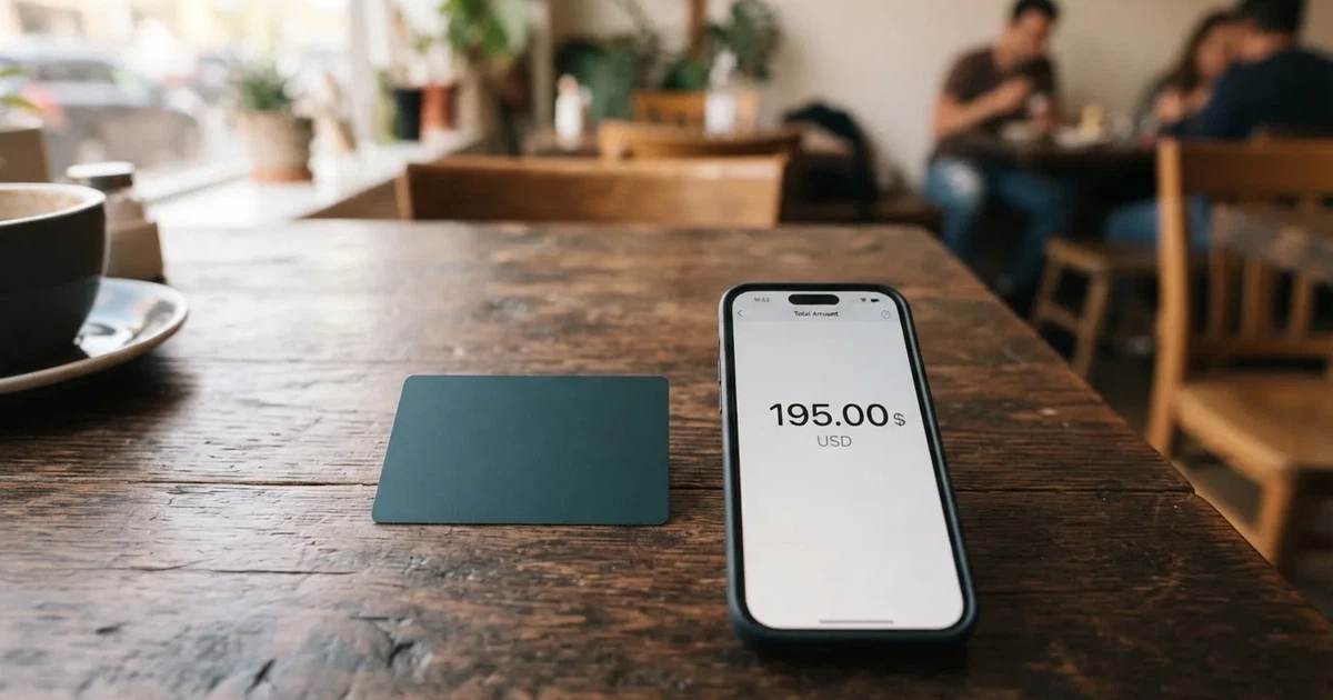 A payment card next to a phone with a crypto wallet app open