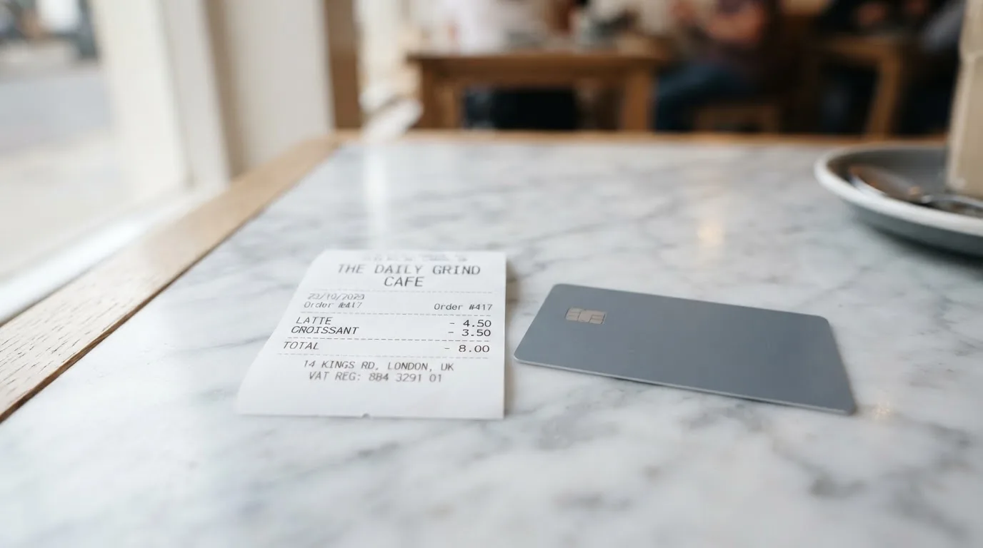 A receipt and a card on a café table