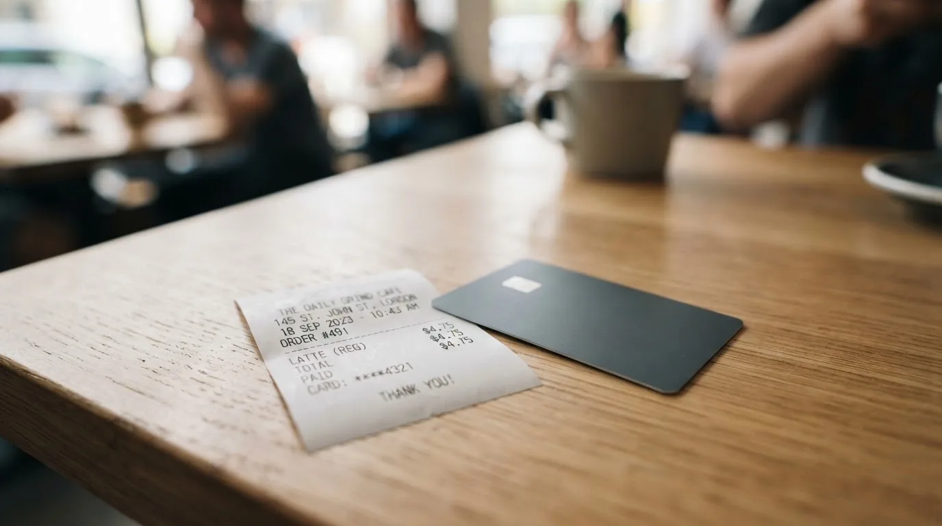 A receipt and a card on a café table